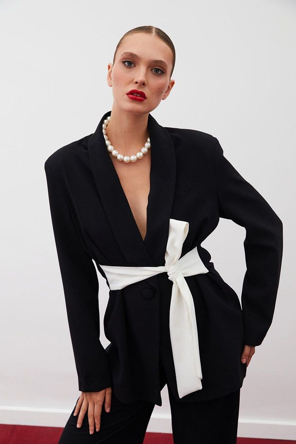 Sateen Long Blazer Jacket Belted Waist Trendyol