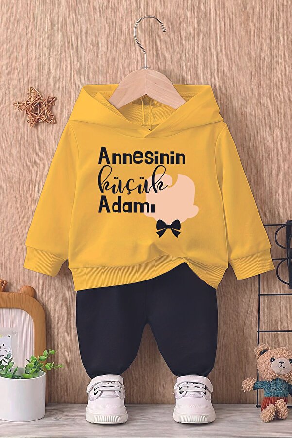 ADABEBEK Kapşonlu Premium Annesinin Küçük Adamı Baskılı Bebek Takım 22016