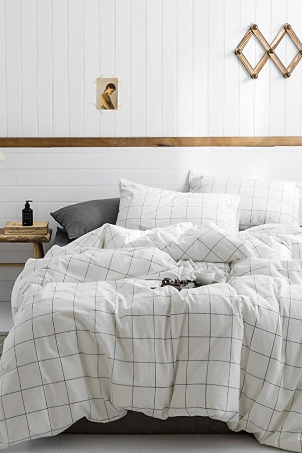 İQON Lastikli Çarşaflı Nevresim Takımı Çift Kişilik Kare Beyaz Büyük