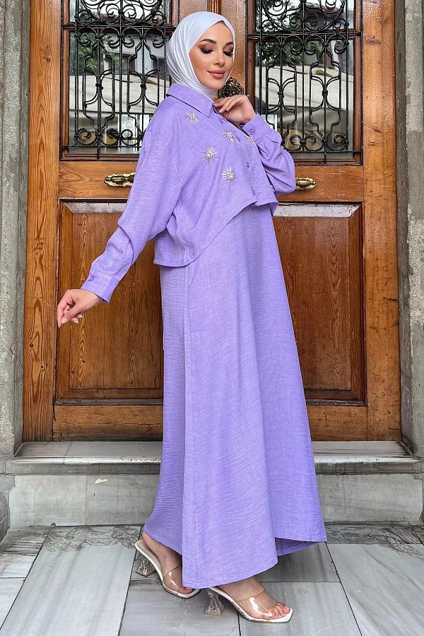 julude-Lilac Hijab Double Set - Embroidered Shirt 1