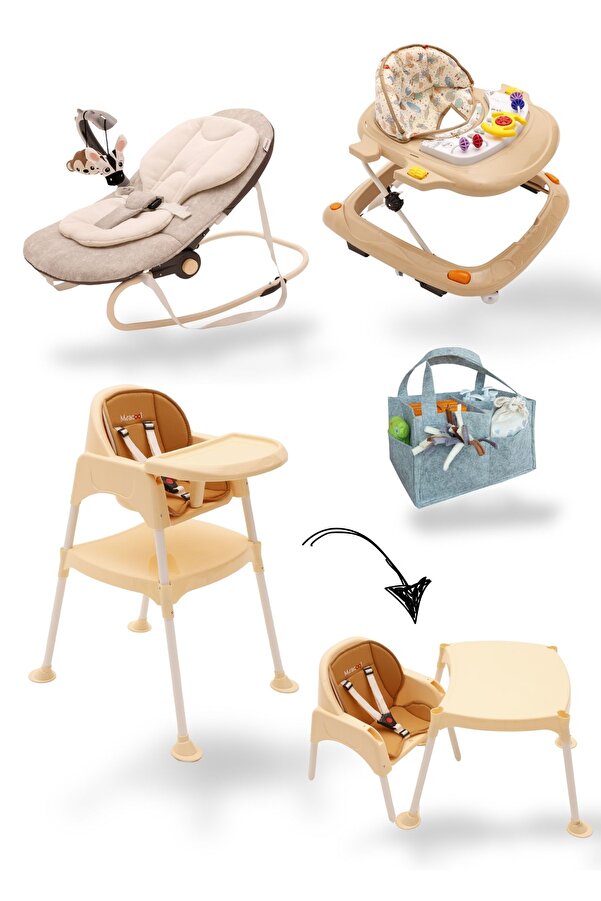 miracool 5'li Bebek İhtiyaç Seti / Çalışma Masalı Mama Sandalyesi / Ana Kucağı / Yürüteç / Keçe Organizer