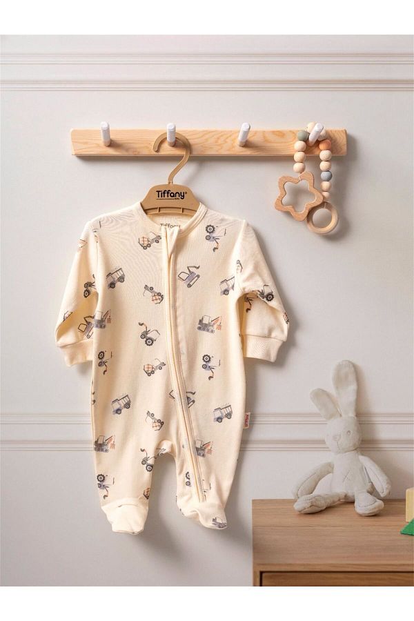 Tiffany-Baby Boy Overalls - Organic Work Machine Themed, Booties, Zippered, Ecru Org 24 23040 1