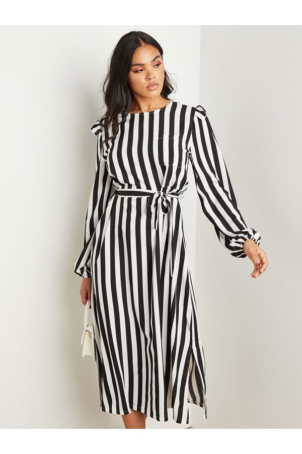 Styli Striped Mono Tie Belt A Line Midi Dress with Long Sleeves Trendyol