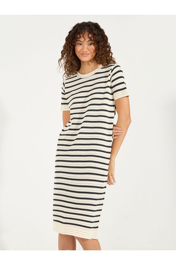 Styli Striped Knitted T Shirt Knee Length Dress Trendyol