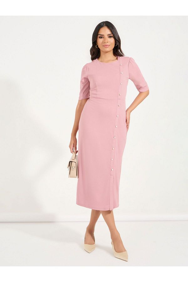 Styli Button Detail Sheath Midi Dress with Front Slit Trendyol