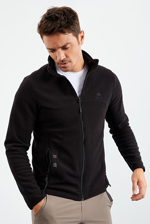 Tommy Life Black Embroidered Men's Fleece Sweatshirt Stand Collar and