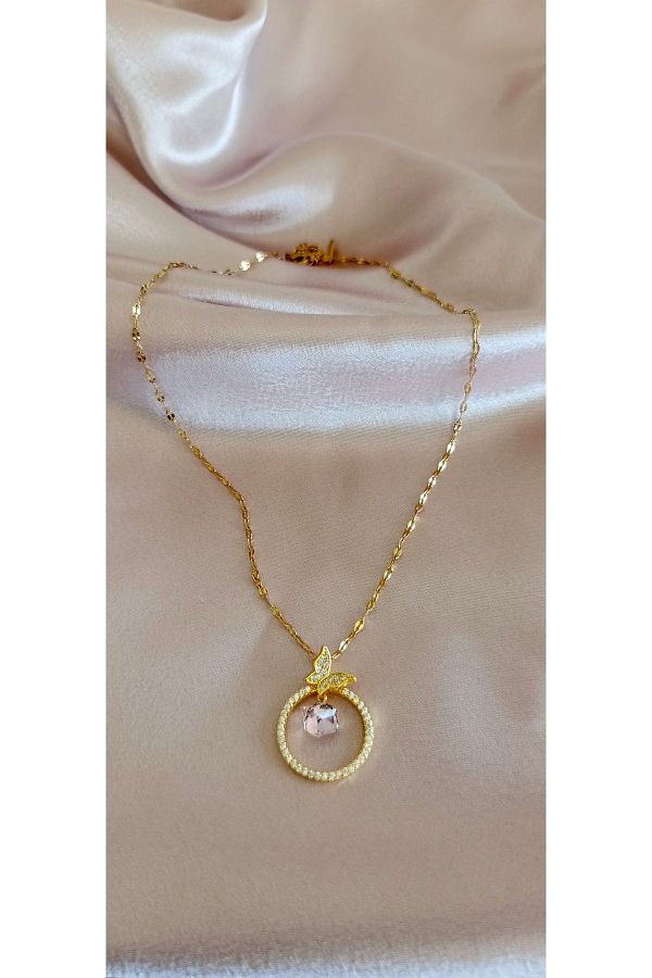 G M DESIGN Pink Stone and Butterfly Detailed Ring Steel Necklace Trendyol