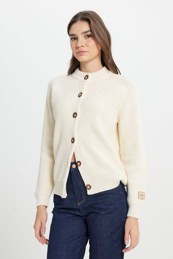 WRANGLER-Regular Fit Regular Cut Guziki Szczegółowy Młodzieżowy Uroczy Damski Sweter Kardigan Ecru Knitwear 1