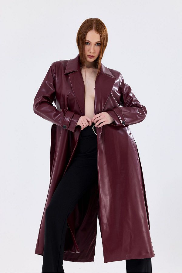 Sense Claret Red Faux Leather Trench Overcoat Lined and Belted Waist Trendyol