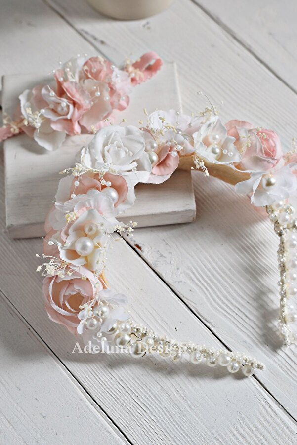 Tasarım Somon Incili ve çiçekli lohusa tacı anne bebek takım