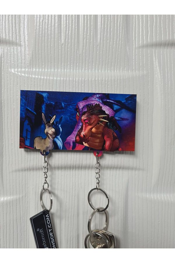 karbonsoft-Shrek World Themed Purple Dragon and Castle Wooden Keychain - Donkey and Dragon 1