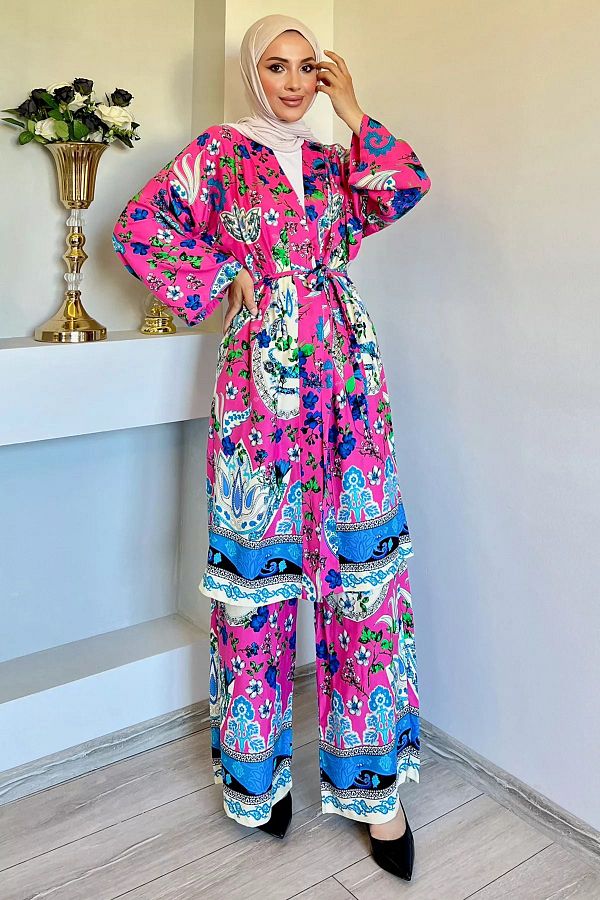 julude-Fuchsia Viscose Kimono and Hijab Set - Patterned Set of Two 1