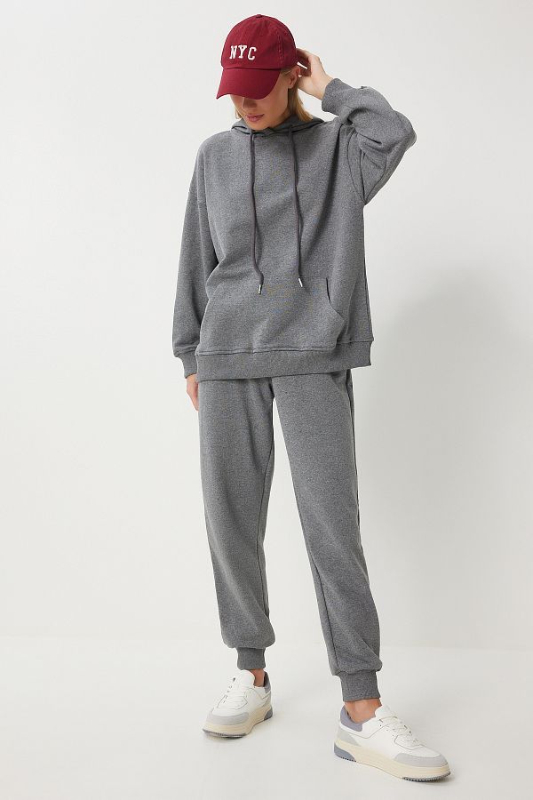 Happiness İstanbul-Anthrazitfarbenes Kapuzen-Sweatshirt- und Jogger-Trainingsanzug-Set – PYS0027 1
