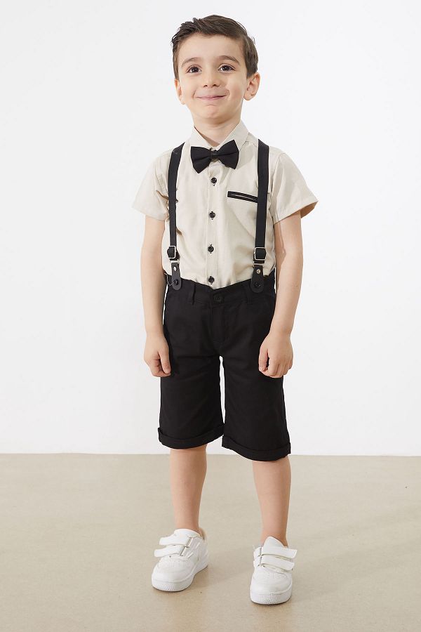 Cans n Mini Boy s Linen Shorts Set Cream Short Sleeve Shirt Bow Tie 18885 Trendyol