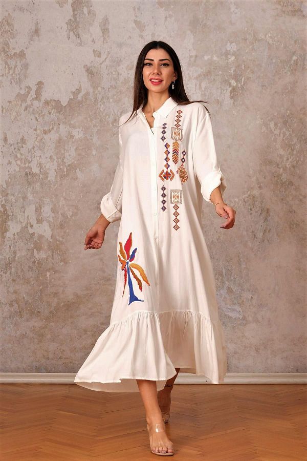 Markano White Front Embroidered Skirt Ruffle Embroidered