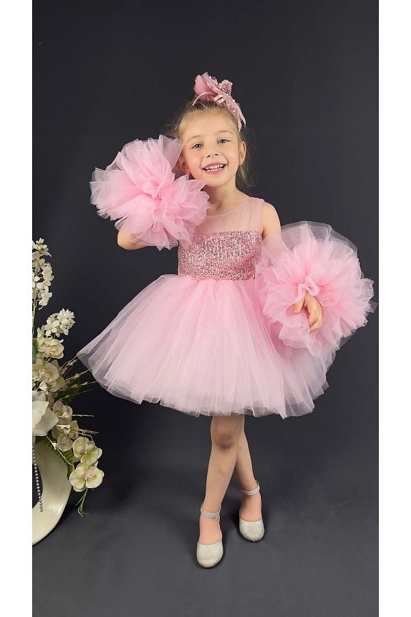 Mnk Baby Kids Chiffon Robe Pompom Sleeve Sequined Girl s Crinoline Skirt Tutu Evening Dress Pink Trendyol