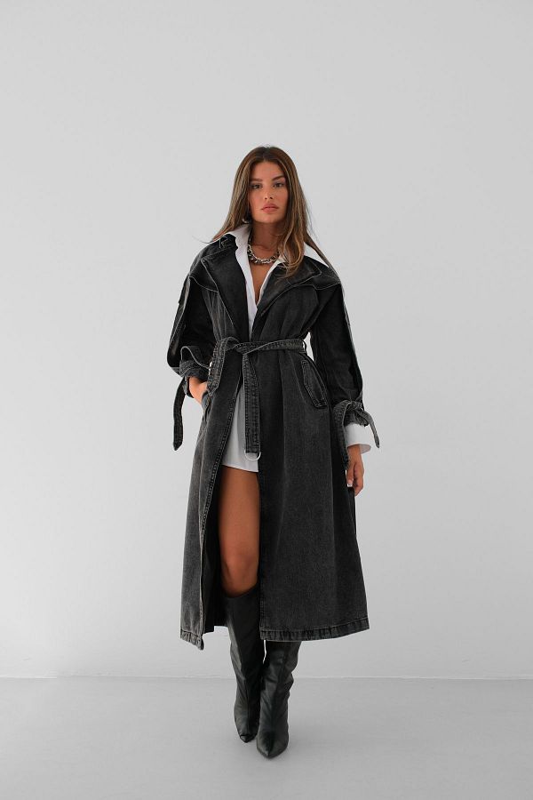Black Fashion Gray Denim Trench Coat Trendyol