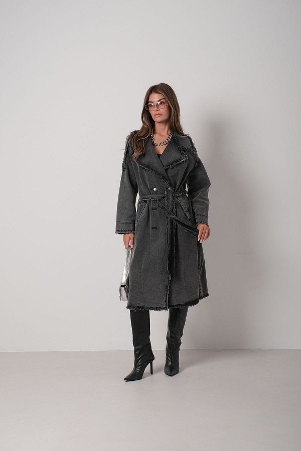Black Fashion Gray Denim Trench Coat Tassel Detailed Trendyol