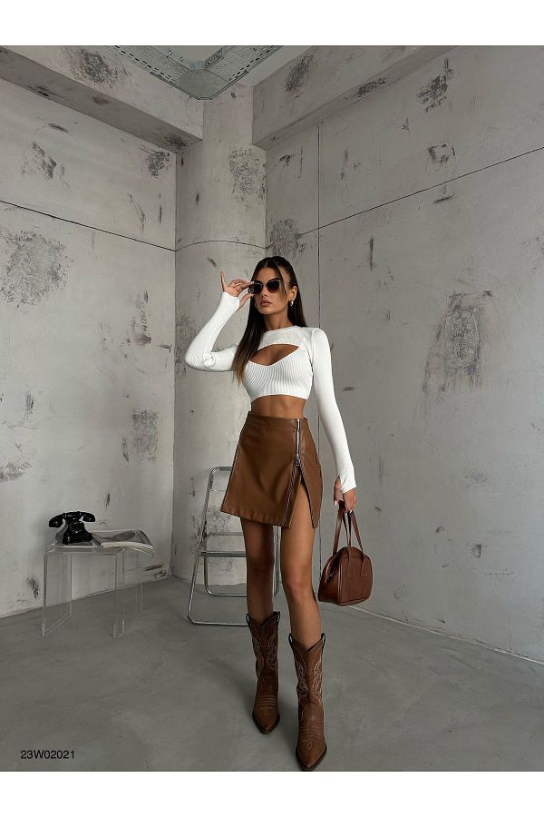 Black Fashion Brown Leather Mini Skirt Zipper Detailed Trendyol