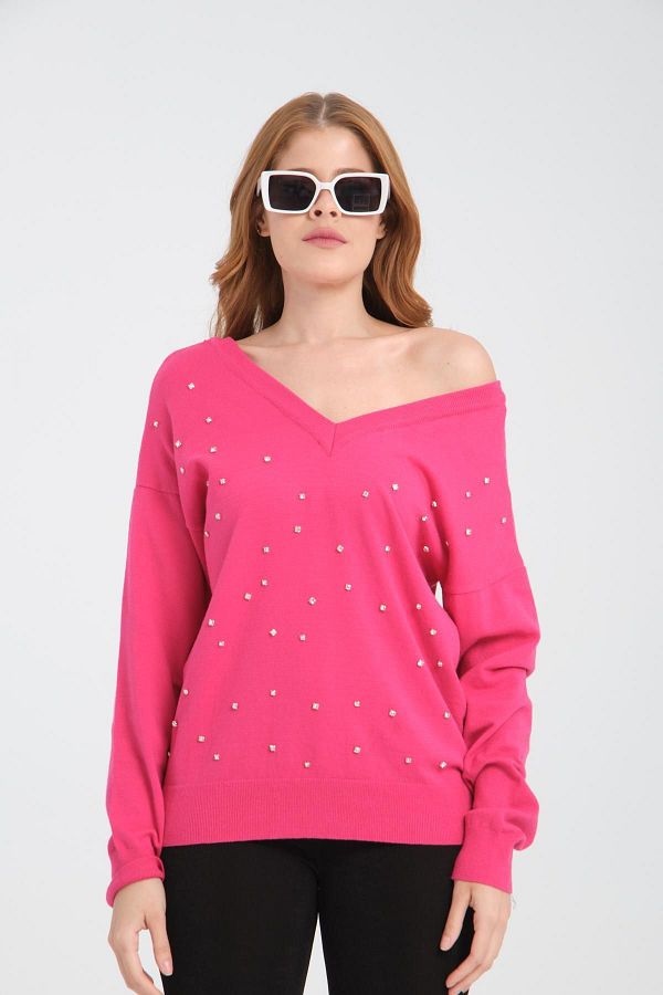 Moda Days Hot Pink Rhinestones V Neck Women s Sweater Trendyol
