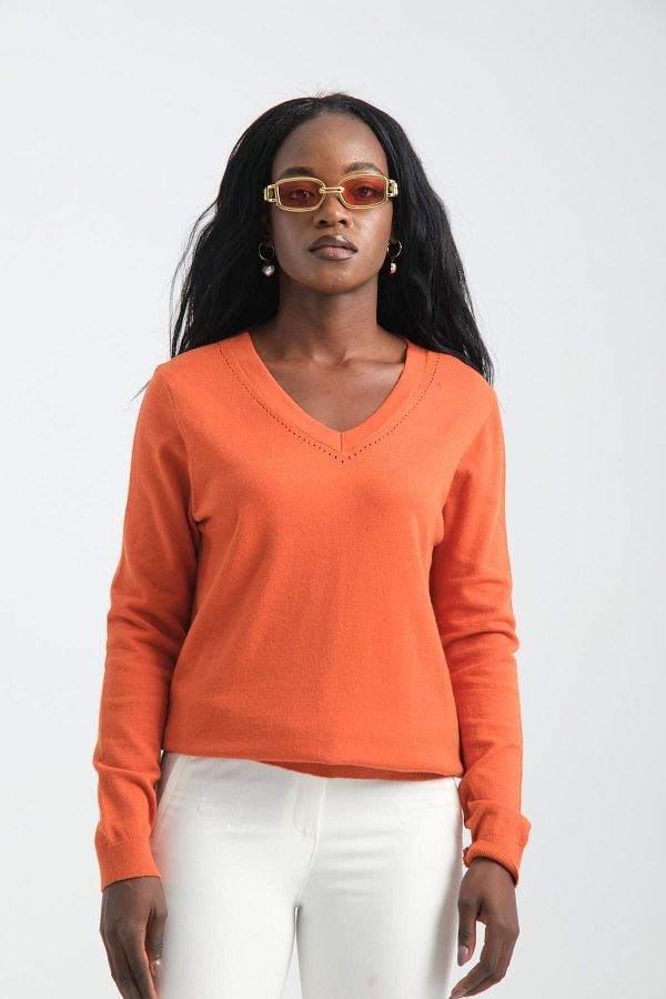 Orange v neck sweater women's deals