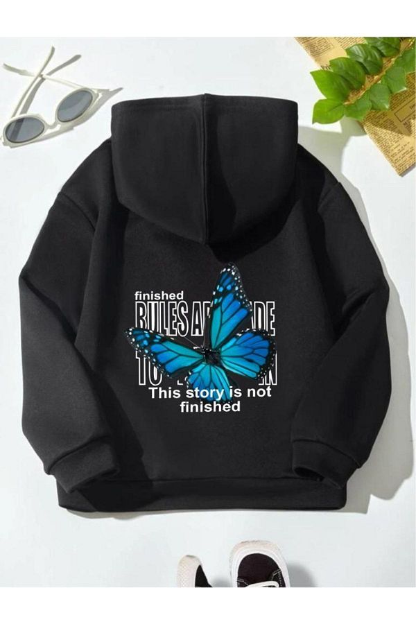 GLOWES Unisex Kids Sweatshirt Black Blue Butterfly Printed Hooded Oversize Trendyol