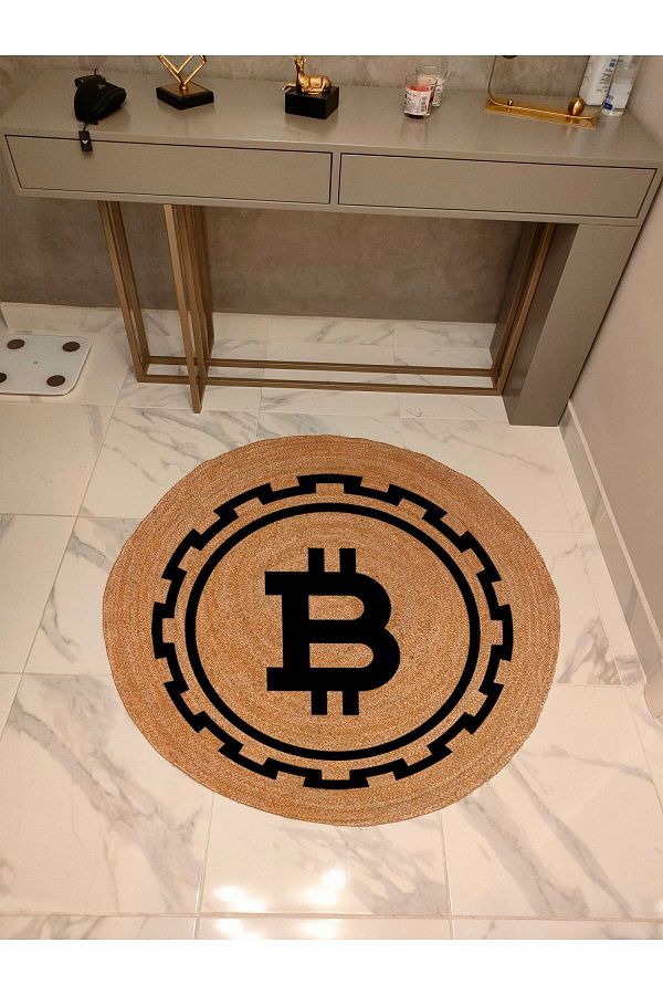 kilim home-Boho 927 Bitcoin Patterned Round Natural Color Double Sided Carpet Made with Jute Nature Yarn 1