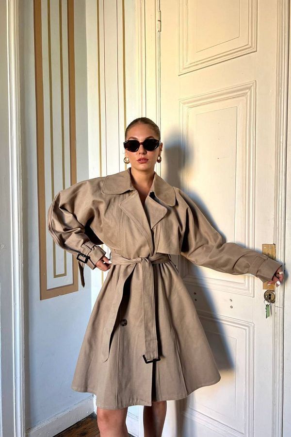 JaMolls Gabardine Fabric Long Lined Thick Loose Trench Coat with Belt Trendyol