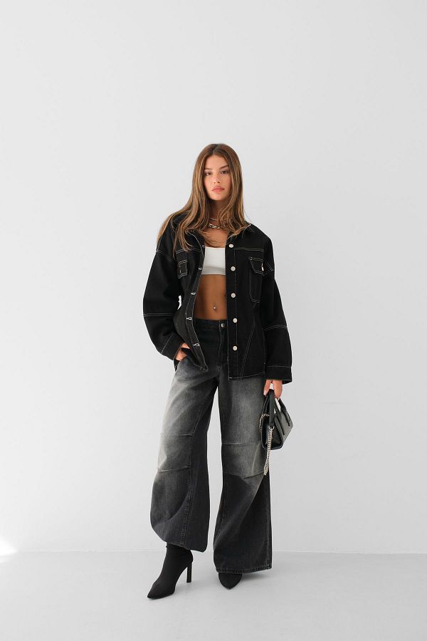 Black Fashion Black Oversize Denim Jacket Stitching Detail Trendyol