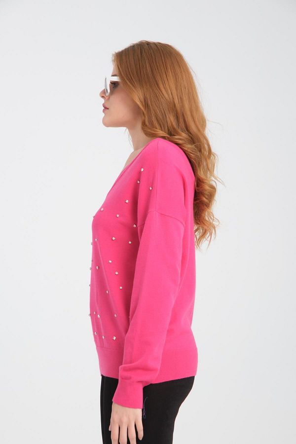 Moda Days Hot Pink Rhinestones V Neck Women s Sweater Trendyol