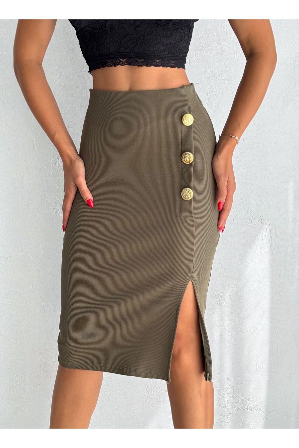 YUSUF CAN KARATAŞ KARATAŞ GİYİM-Ribbed Fabric Midi Length Women's Skirt - Button Detail and Slit, 80 cm 1