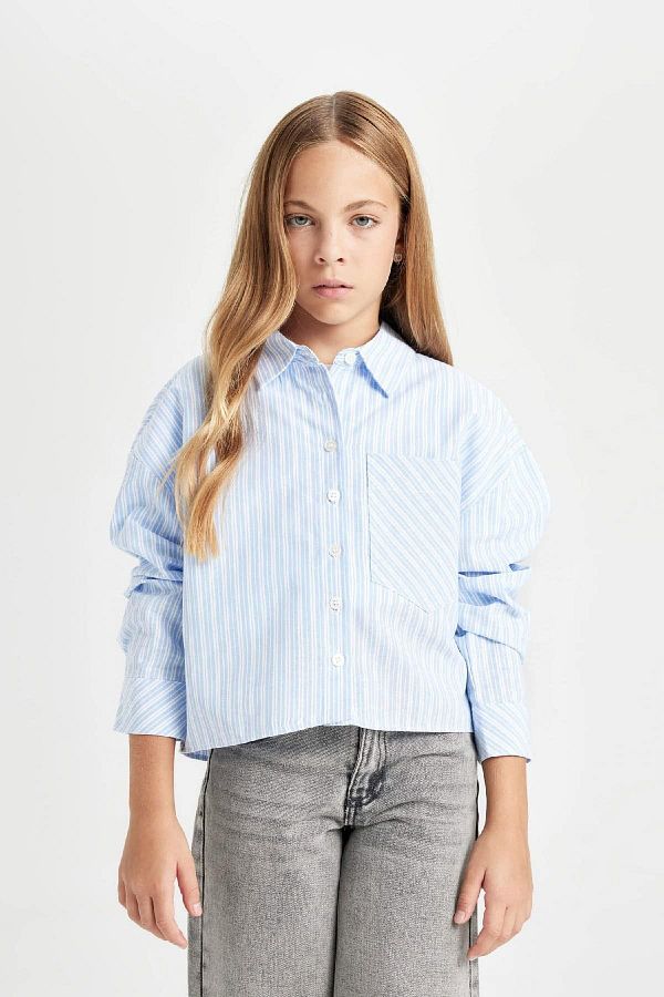 DeFacto-Girl's Crop Cotton Long Sleeve Pocket Shirt D0680A824Au 1