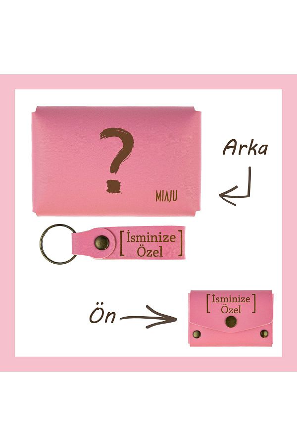 Asortishey-Pink Color, Question Mark Pattern, Name-Customized, Wallet and Keychain Set, Lovers' Sporty Set 1