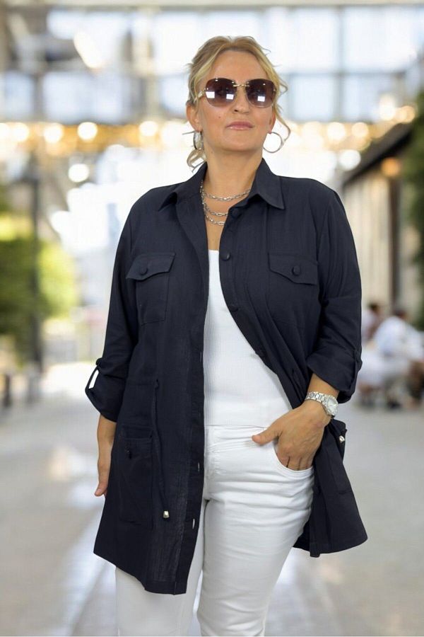 yagmurberen Plus Size Seasonal Safari Jacket with Front Pocket and Sleeve Detail Trendyol