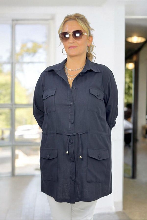 yagmurberen Plus Size Seasonal Safari Jacket with Front Pocket and Sleeve Detail Trendyol
