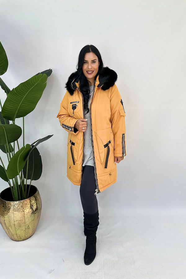 GOKSEL Mustard Large Size Sprit Fur Coat Trendyol