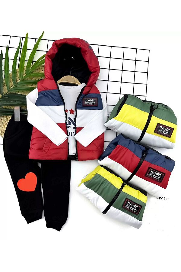Nemere 3 Piece Hoodie and Inflatable Vest Long Sleeve Sweatshirt Trousers Set for Baby Boy Red Trendyol