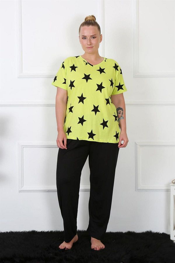 pazarella Plus Size Green Neon Pajama Set Short Sleeve Combed Cotton 202206 Trendyol