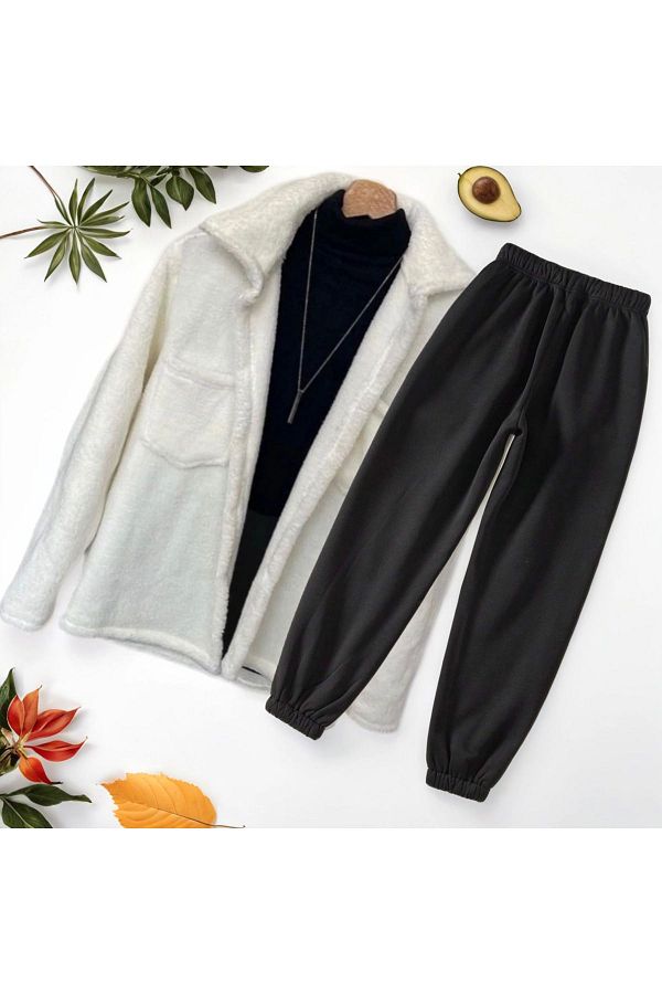 Fifty Color-Buttoned Plush Jacket and Sweatpants Bottom Set (Sweater Not Included) 1