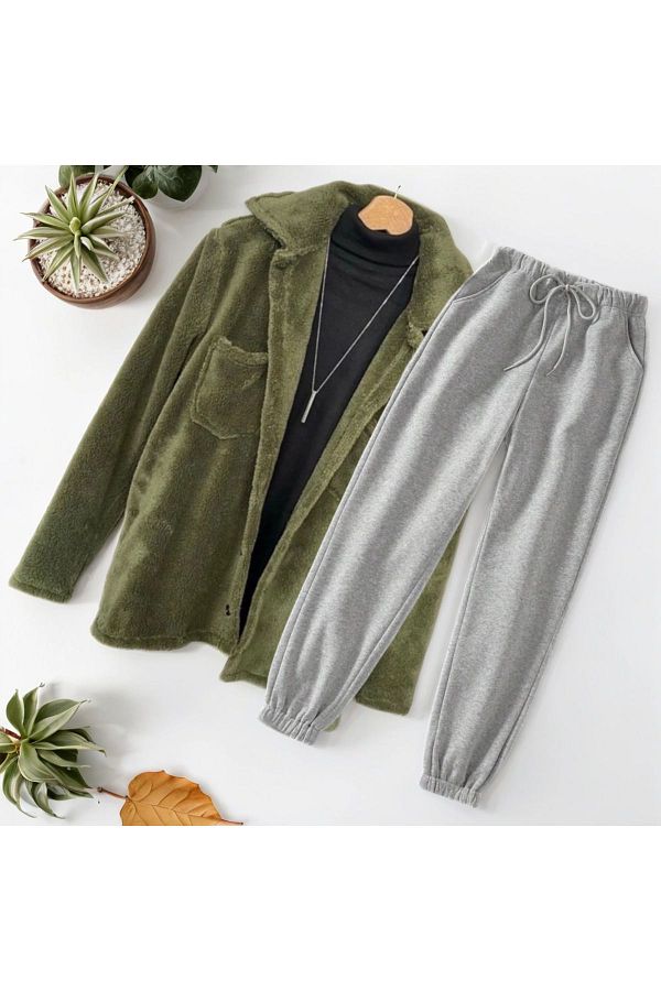 Fifty Color-Plush Jacket and Sweatpants Bottom Set - Buttoned and Sweater Included 1