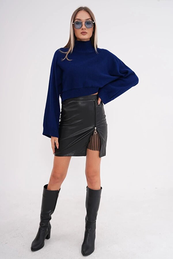 soi fashion Black Leather Skirt Slit with Zipper and Lace Detail