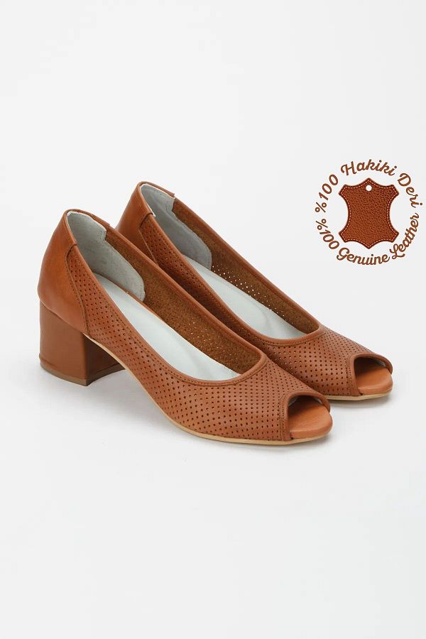 elvinshoes Genuine Leather Women s Tan Perforated Open Toe Thick Heel Classic Heeled Shoes Trendyol