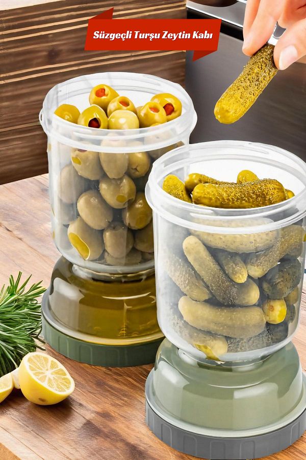 Open Home Concept-Transparent Olive and Pickle Storage Container - with Hourglass Strainer, No -1 1