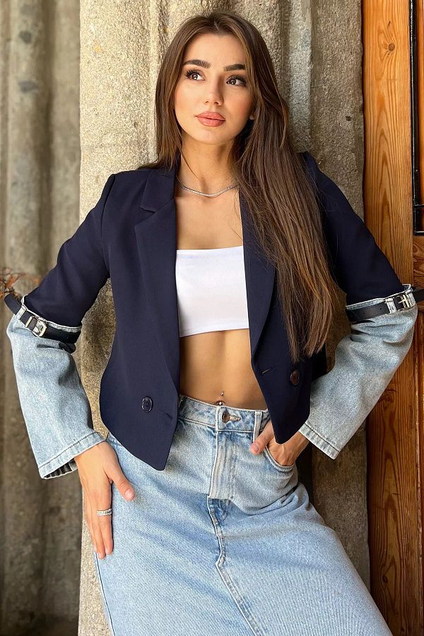 GULSEL Navy Blue Denim Garnished Women s Short Blazer Jacket Trendyol