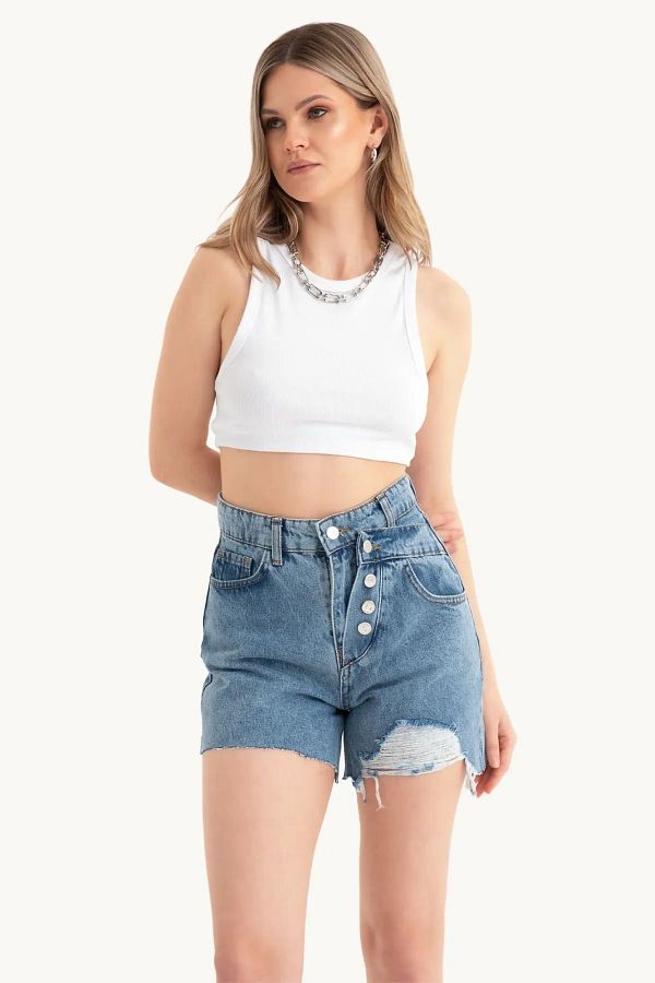 Hiccup-Double Layer Denim Shorts with High Waist and Button Detail 1