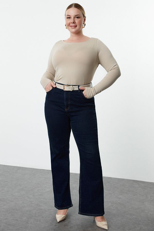 Trendyol Curve-Long Sleeve Beige Plus Size T-Shirt - 100% Cotton Tbbaw25Bf00000 1