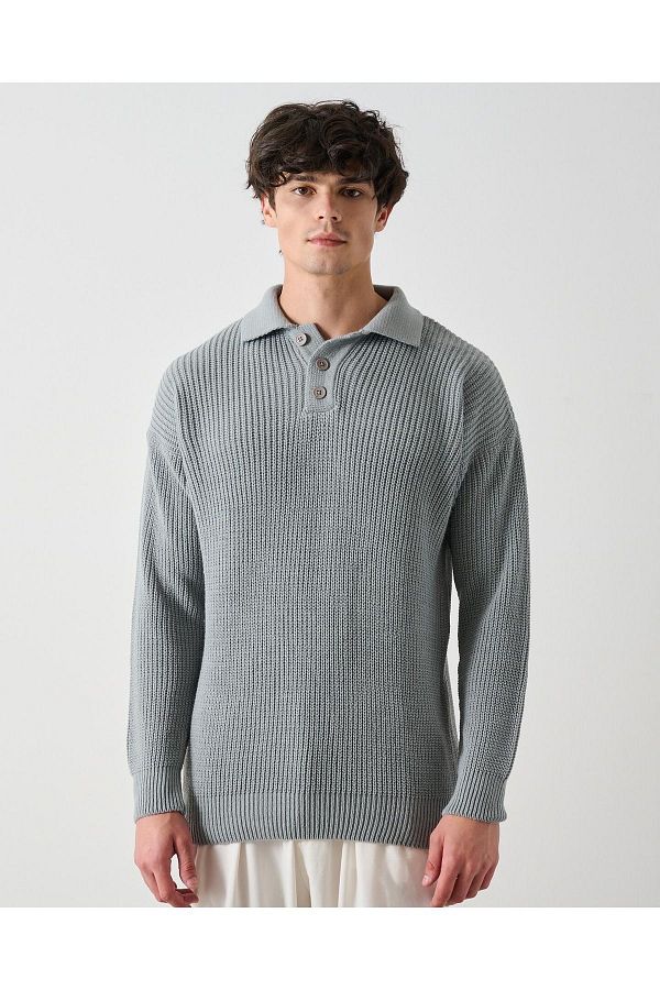 İLKCET MODA-Collared Three-Button Ribbed Oversize Sweater 1