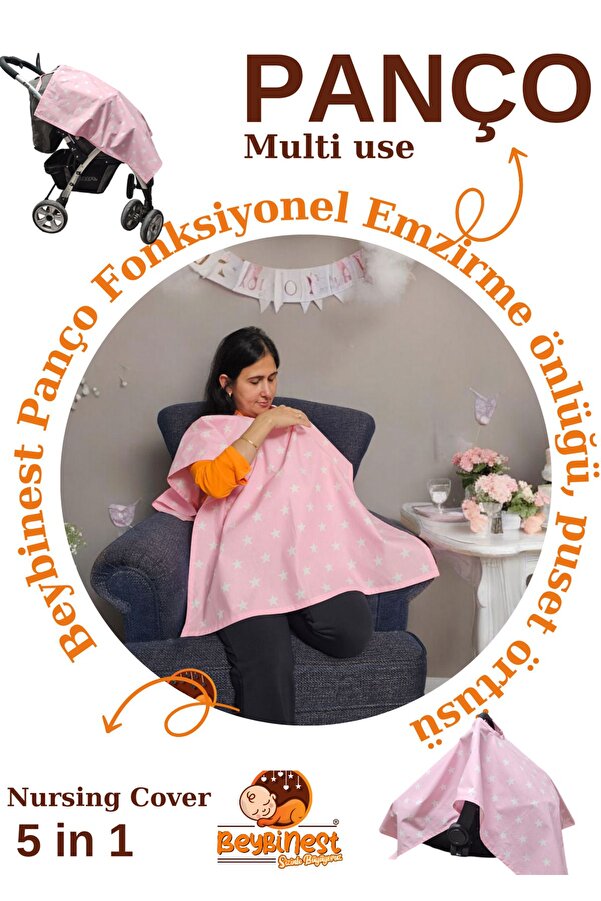 BeybiNest Fonksiyonel Panço Emzirme Örtüsü Puset Örtüsü Bebek Arabası Örtüsü  Pembe Yıldızlar