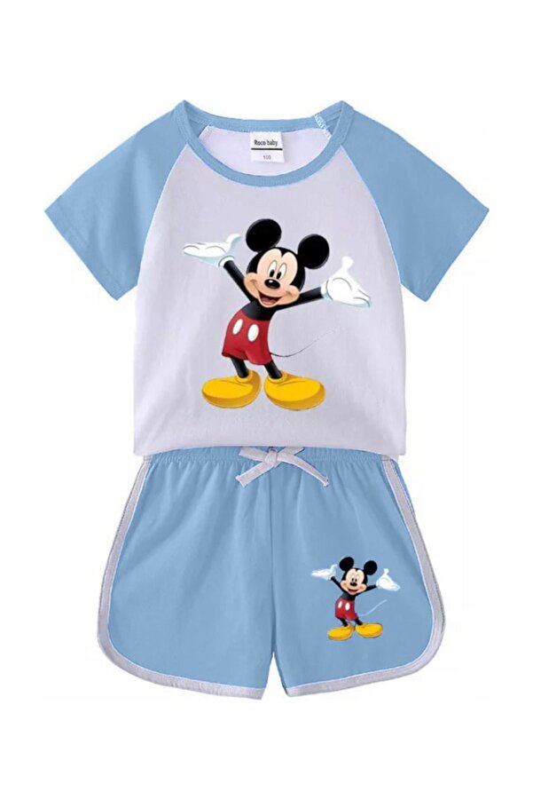 DERİNBEBE Neşeli Bebeklerimiz Fare Baskılı Kısa Kollu Erkek Penye Şortlu Takım Mavi