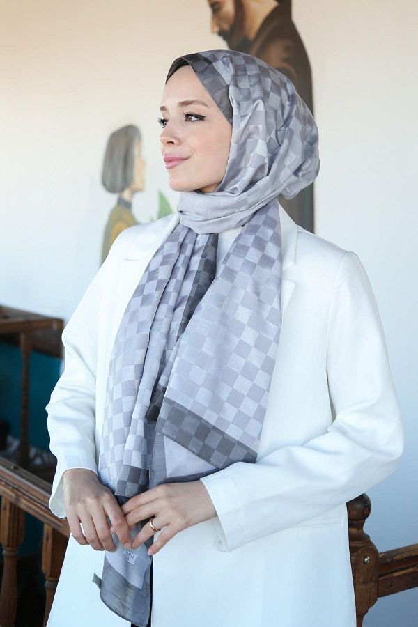 Hint İpek-Checkerboard Patterned Monogram Shawl Monov03-27 1